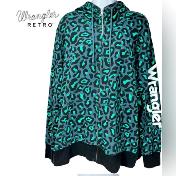 EUC Wrangler Retro Teal & Black Cheetah Hooded Jacket - Picture 3 of 15